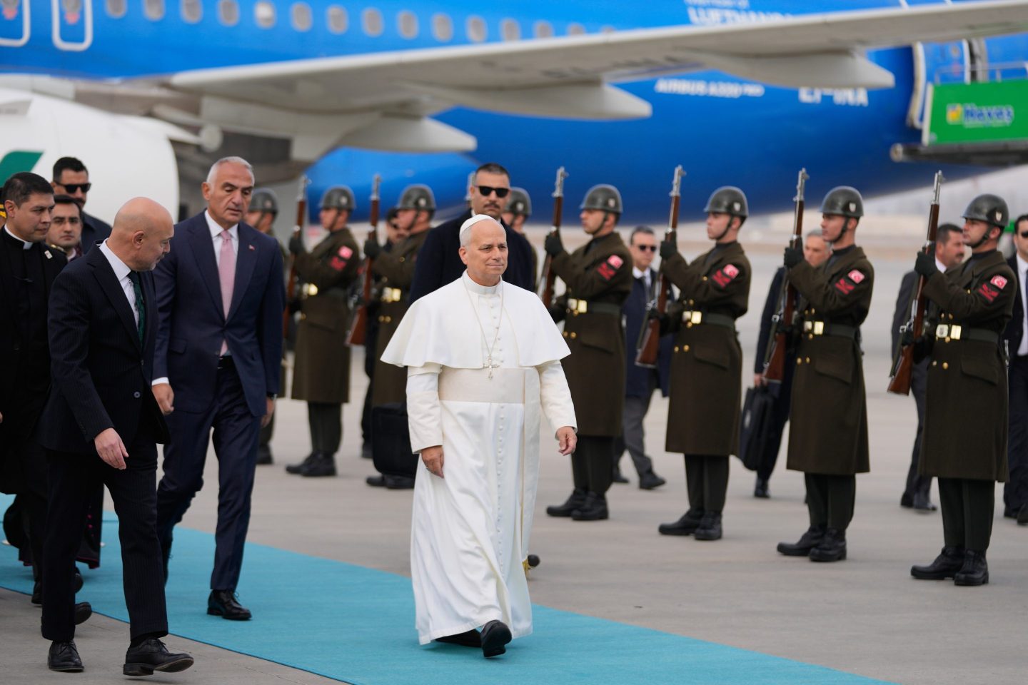 Pope Leo XIV disembarks his plane upon arriving at Turkey