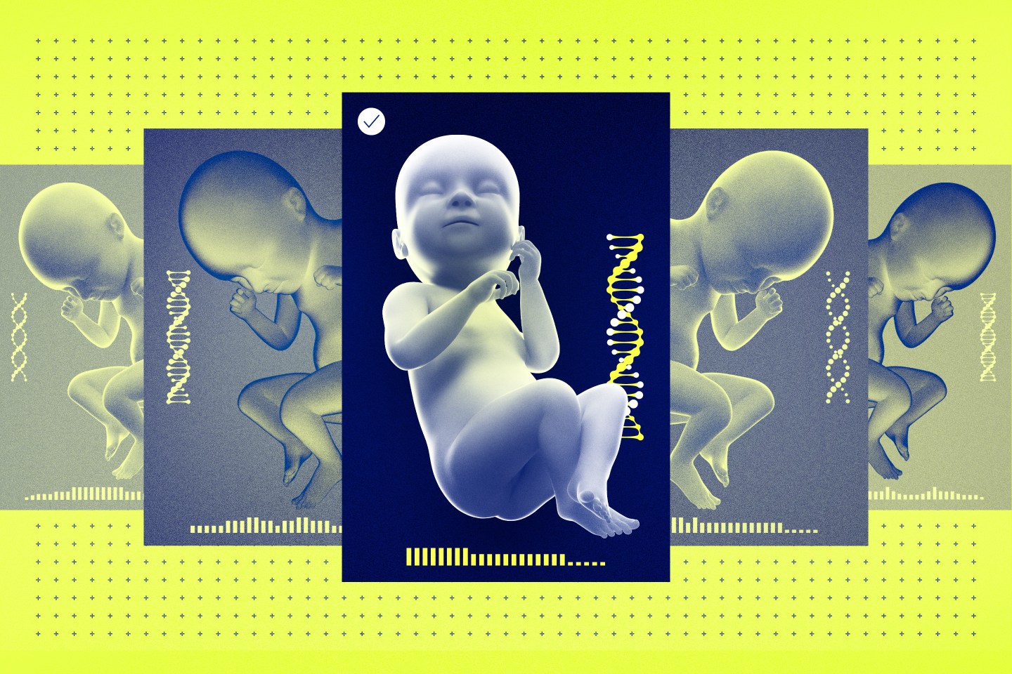 an illustration of a fetus and DNA strands