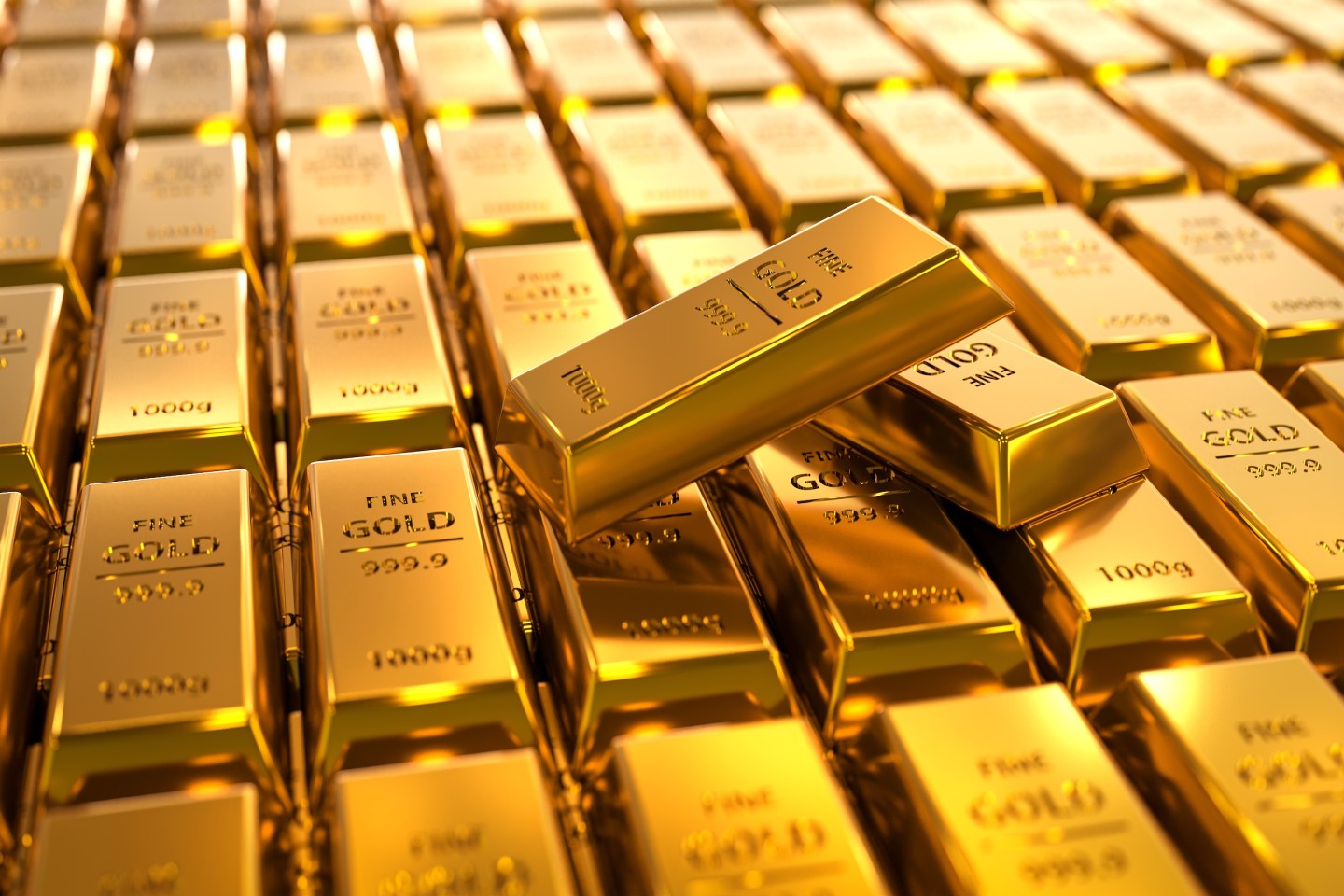 Photo: 3D illustration of two gold bars laying on regular stacked layer of 1kg 999,9 fine gold bar ingots. Precious metal investment, finance, banking and wealth concept.