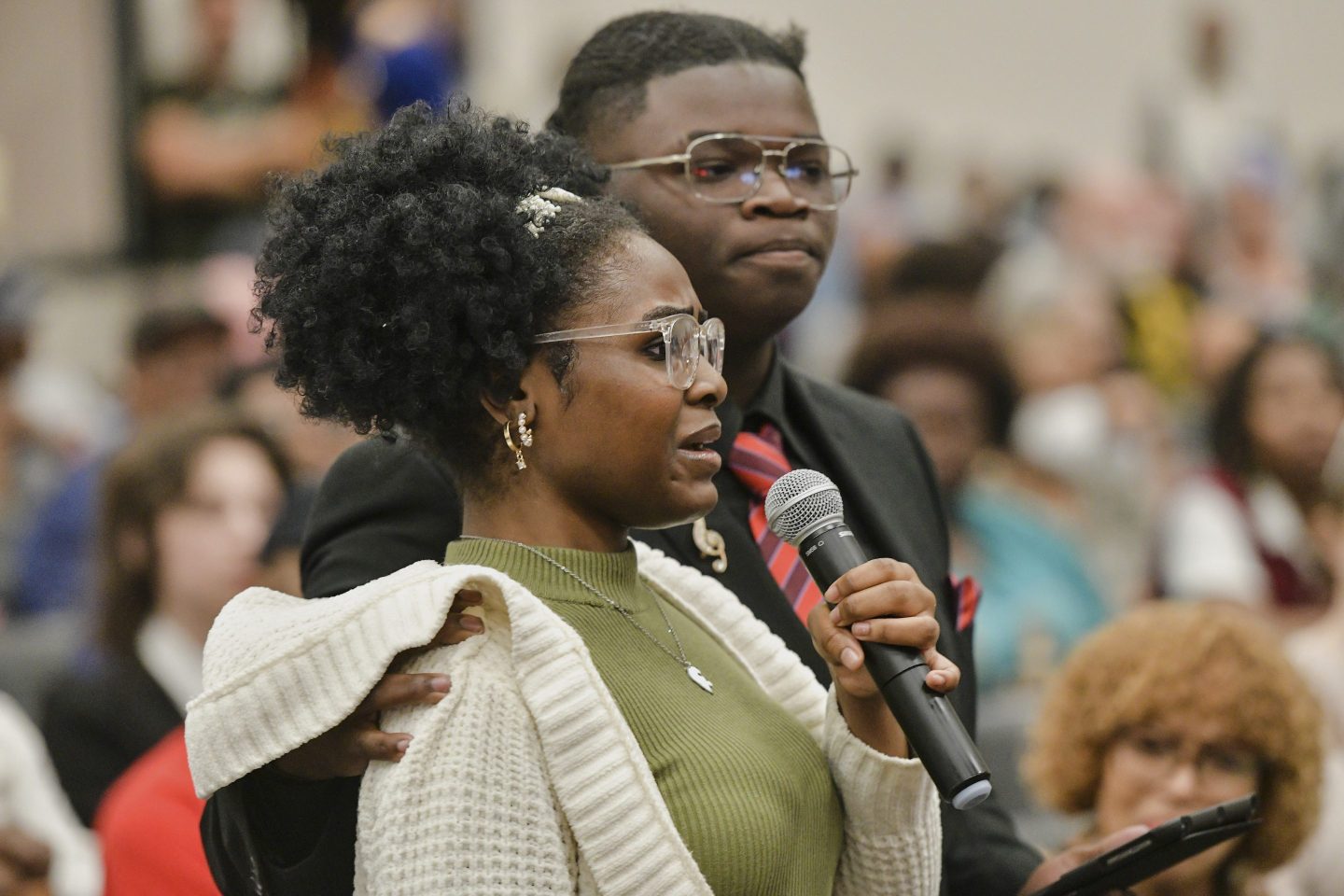 MEMPHIS, TN - APRIL 25: Local students speak in opposition to a proposal by Elon Musk's xAI to run gas turbines at its data center during a public comment meeting hosted by the Shelby County Health Department at Fairley High School on xAI's permit application to use gas turbines for a new data center in Memphis, TN on April 25, 2025. (Photo by Brandon Dill for The Washington Post via Getty Images)