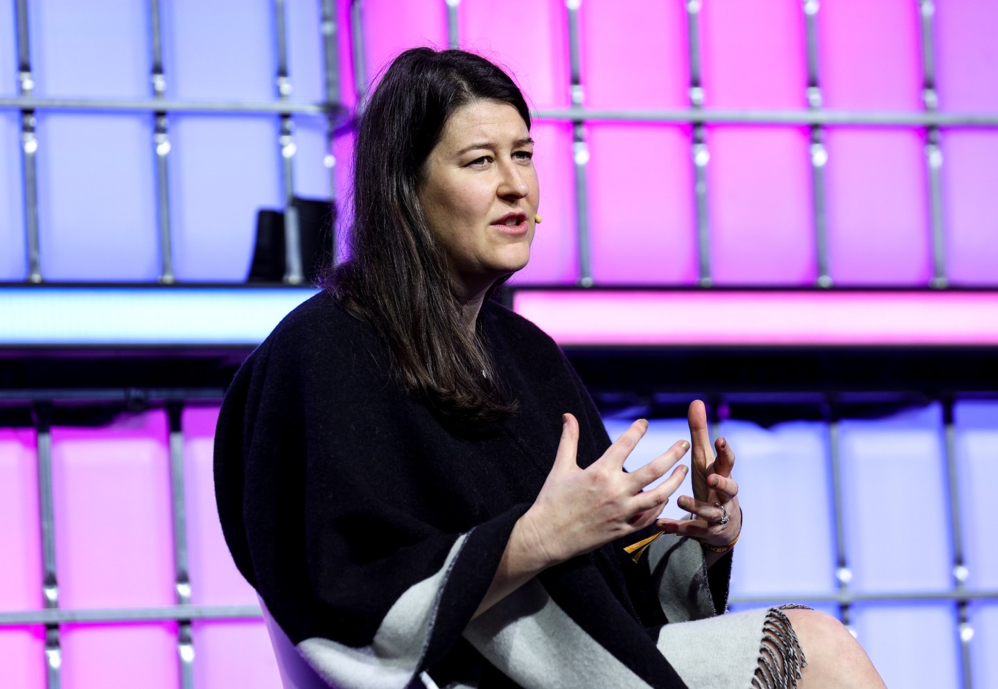 Lisbon , Portugal - 11 November 2025; Emily Fontaine, Global Head of Venture Capital, IBM, on the New Venture Summit stage during day one of Web Summit 2025 at the MEO Arena in Lisbon, Portugal.