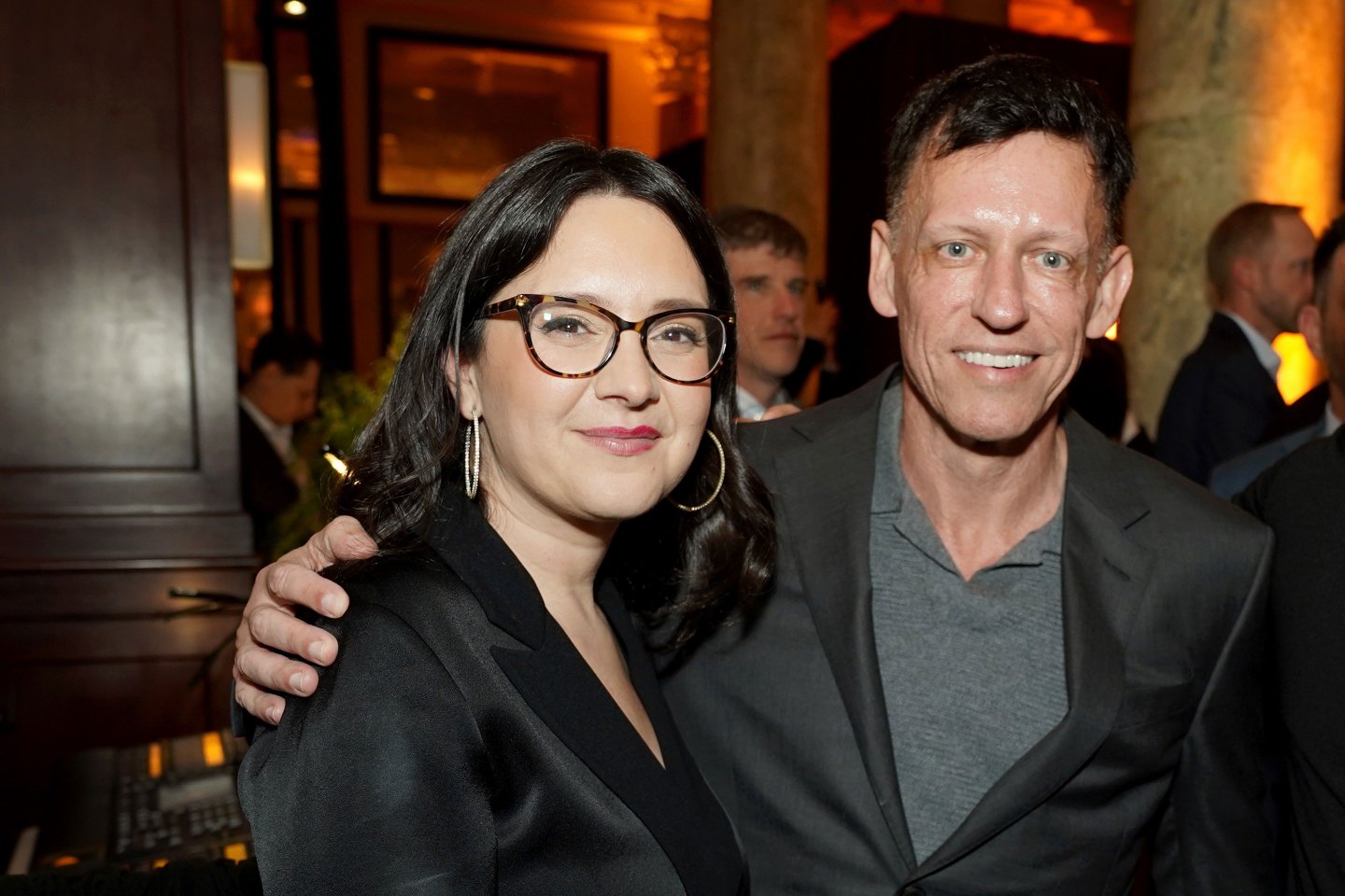 WASHINGTON, DC - JANUARY 19: (L-R) Bari Weiss, The Free Press Founder, Peter Thiel, and Matt Danzeisen attend Inauguration Eve hosted by Uber, X and The Free Press at Cafe Riggs on January 19, 2025 in Washington, DC. (Photo by Leigh Vogel/Getty Images for Uber, X and The Free Press)